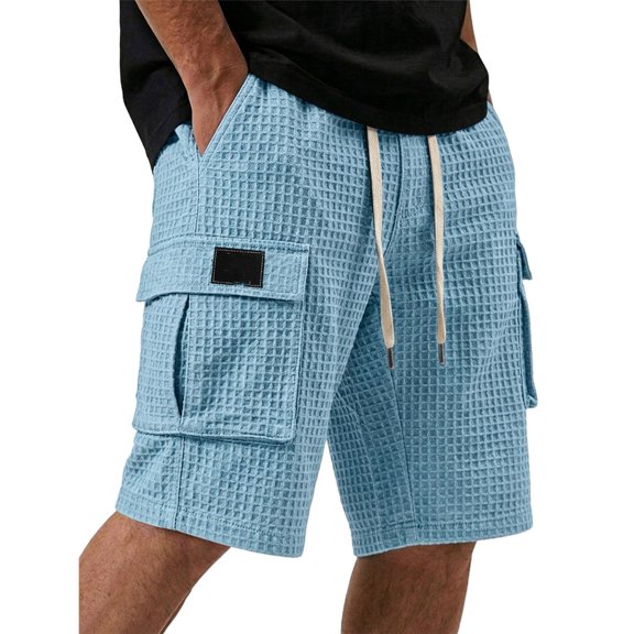 XDZJLR Big And Tall Men Shorts Cargo Casual Summer Waffle Knit Shorts With Solid Color With Pockets And Drawstring Hiking Shorts Sky Blue Xl