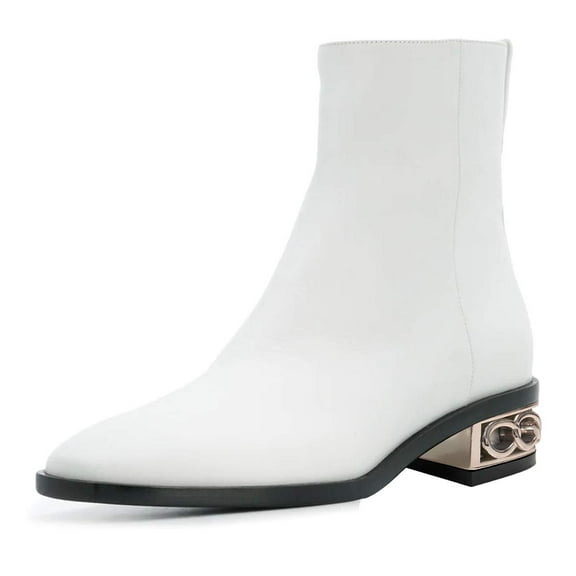 YDN Women Square Closed Toe Ankle Boots Chain Hollowed Chunky Low Heels Side Zipper Short Booties Ladies Winter Dress Shoes Size 7 White