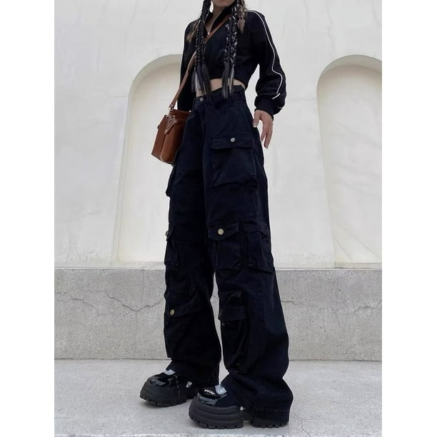 Pantalones cargo de pierna ancha estilo americano alto para mujer, diseño adelgazante recto de calle, pantalones casuales con múltiples bolsillos y tendencia moderna