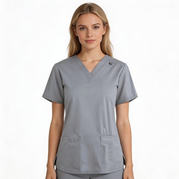 CareWardrobe Womens Scrub Tops Comfort Fit Classic V-Neck Short Sleeve Scrub Top with Pockets Easy Care Nursing Working Uniform Grey Scrub Tops for Women