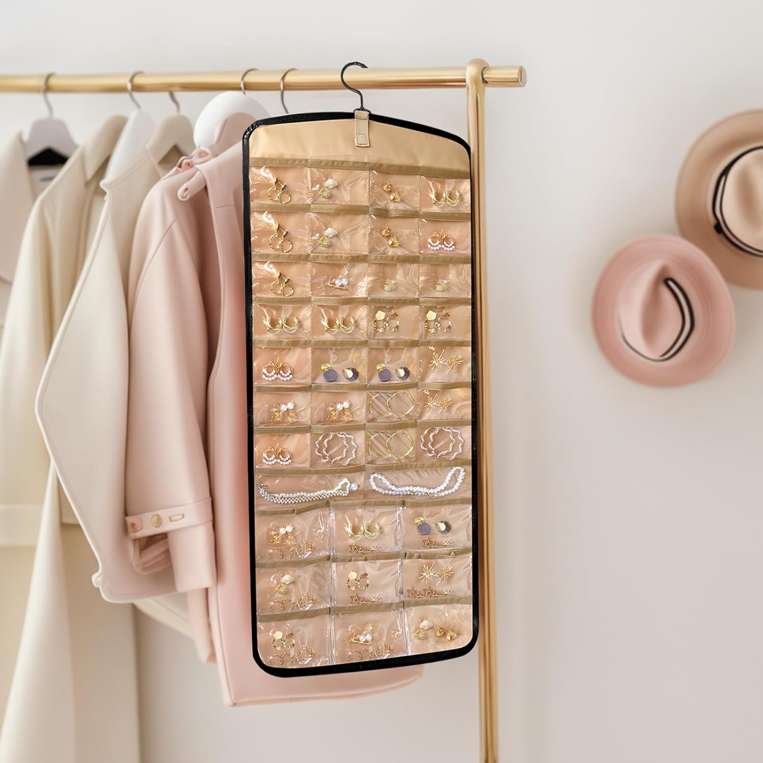 Hanging Jewelry Organizer Storage Roll with Hanger Metal Hooks Double-Sided Jewelry Holder for Earrings Necklaces Rings on Closet Wall Door, 1 piece
