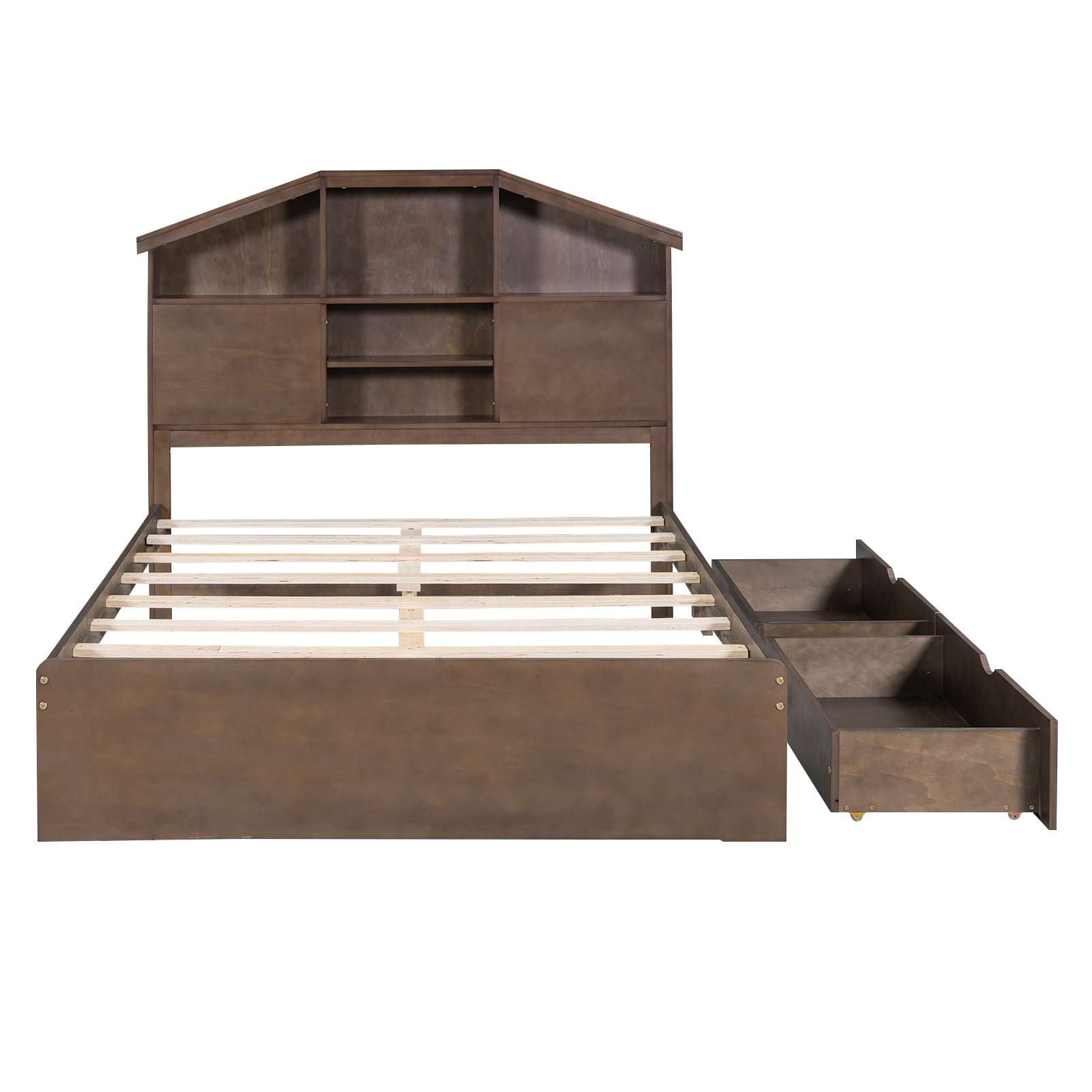 Euroco Wood Full Platform Bed with Storage Headboard Shelf and Drawers for Kids Teens, Walnut