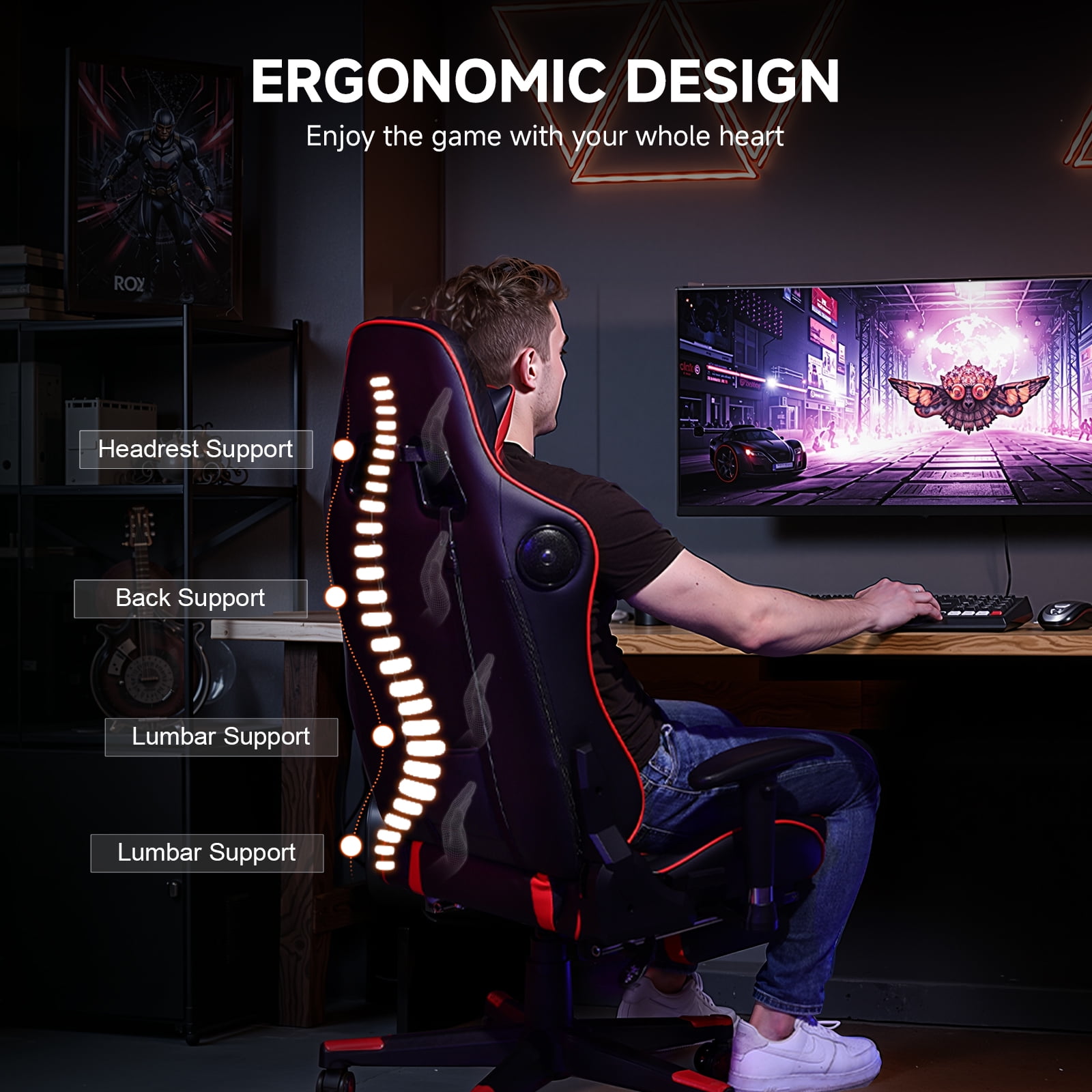 GTPLAYER Gaming Chair with Bluetooth Speakers Music Office Chair with Footrest PU Leather Recliner, Red