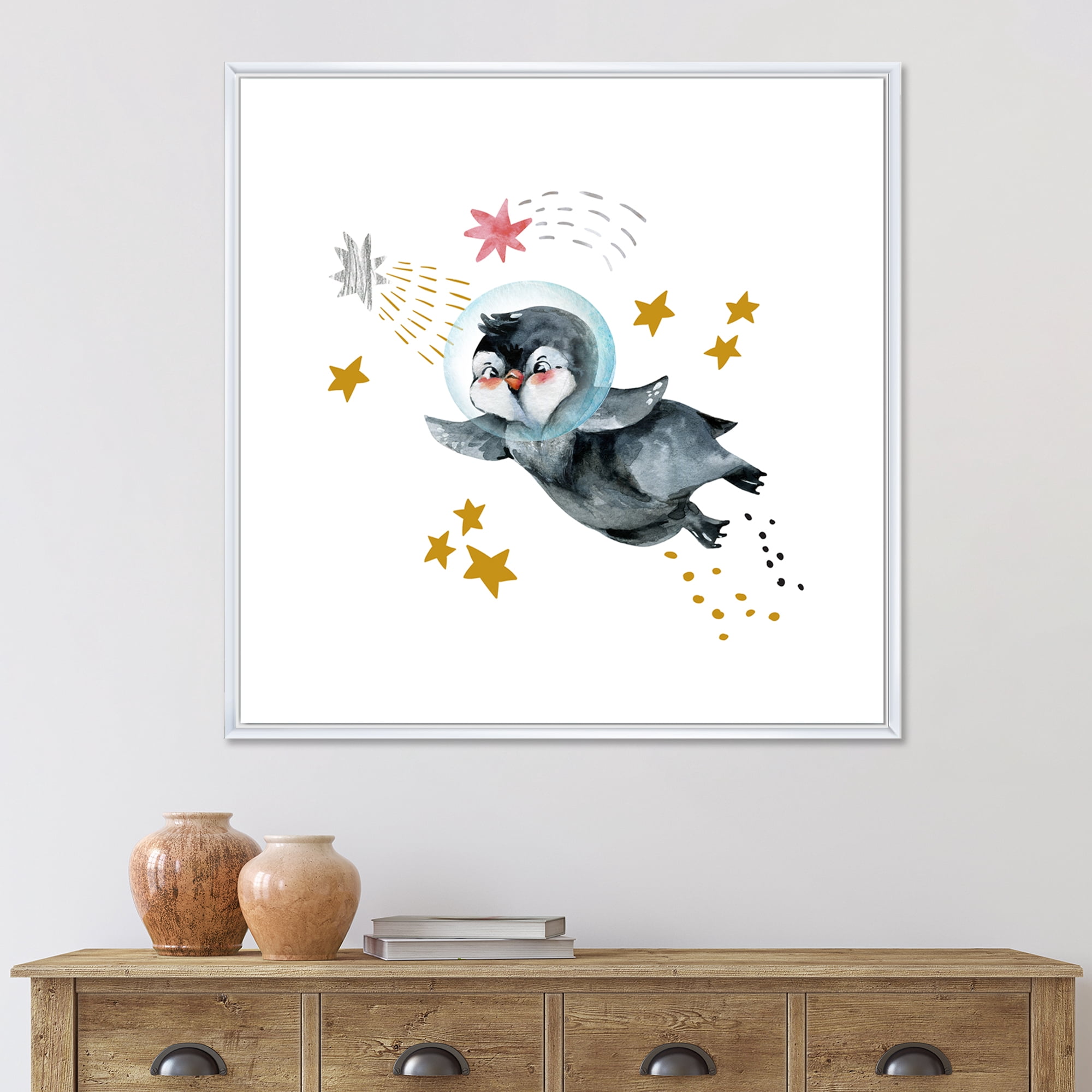 Designart 'Little Penguin Flying Planets and Stars I' Farmhouse Framed Canvas Wall Art Print