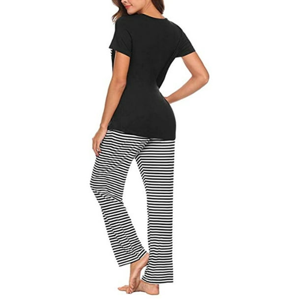 Topcobe 2Pcs Women' s Autumn Fashion Nightgown Set, Juniors Long Sleeve  Tops And Striped Drawstring Pants Pajama Set for Home, Casual Loose Homewear  Sleepwear Loungewear Sets for Ladies, Black 