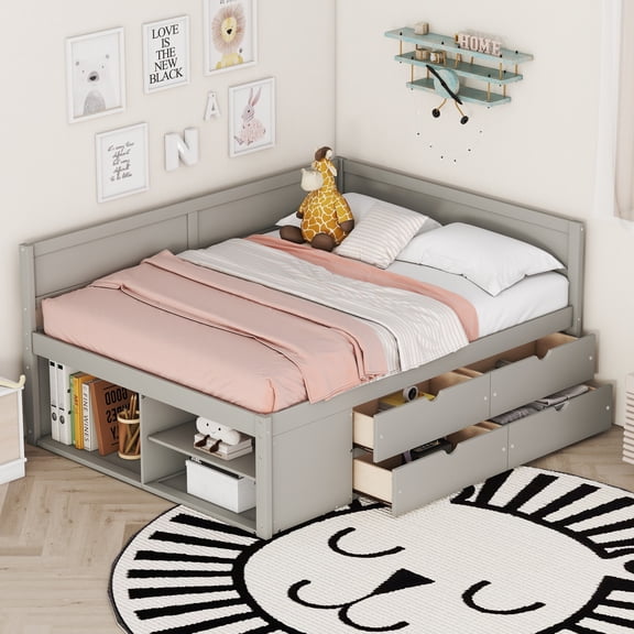 Lisonu Full Size Daybed with Storage Drawers & 3 Shelves, Gray Solid Wood Frame with Slat Kit — No Box Spring Required, 77.8"L x 57.6"W x 34.3"H, 350 lb Capacity, Modern Storage Bed