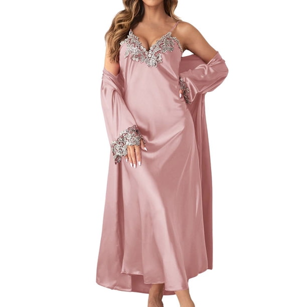 Gibobby Pijamas Mujer Verano Sexy Pijamas Vestido largo tipo seda con en la espalda para mujer, conjunto de 2 piezas, ropa informal y Sexy, pijamas de seda para mujer(Rosa,G)