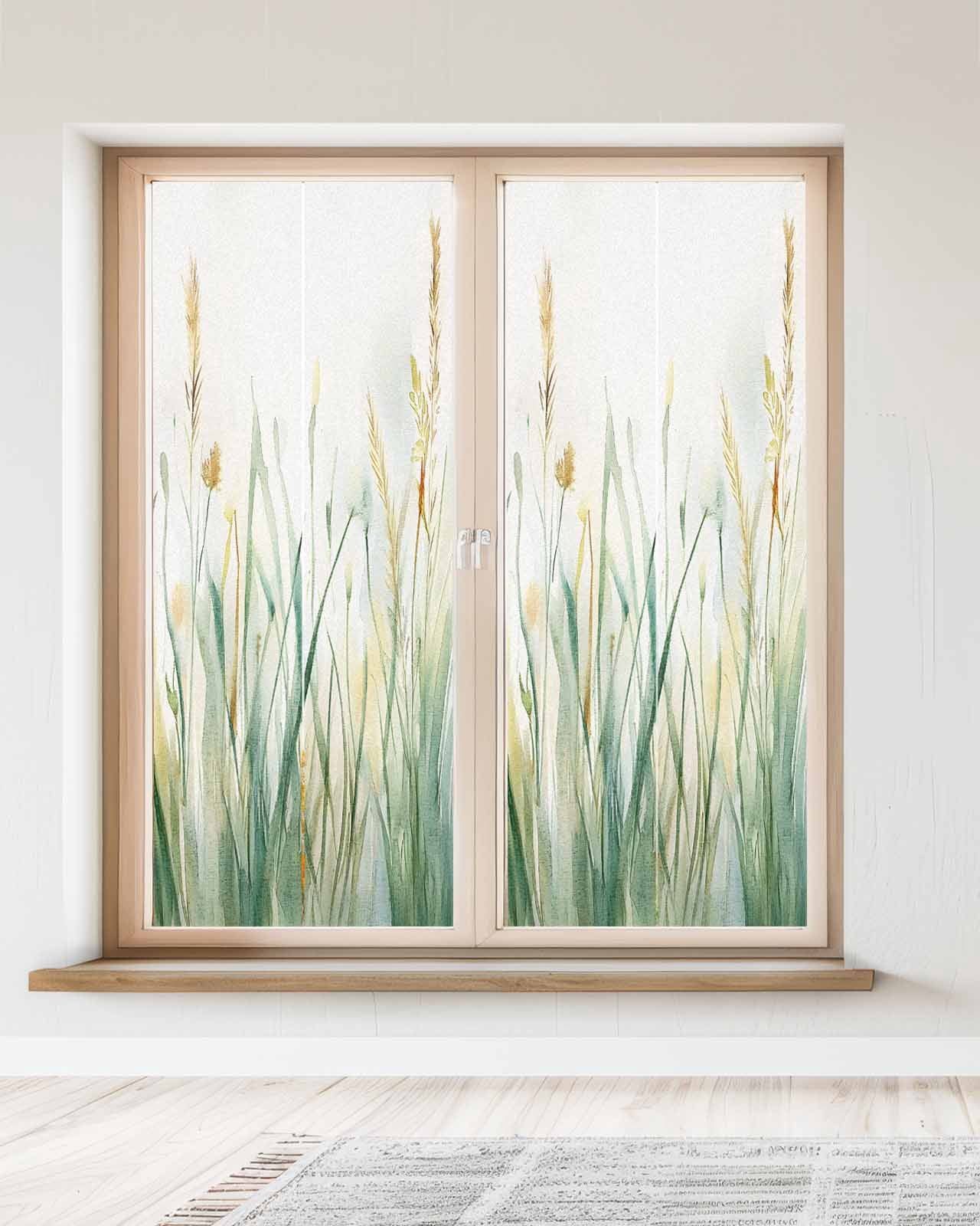 Window Privacy Film Spring Green Leaf Stained Glass Window Film Decorative Sun Block Window Cover Country Botanical Watercolor Plant Window Clings Static Adhesive Sticker for Bathroom 23.6"x59"