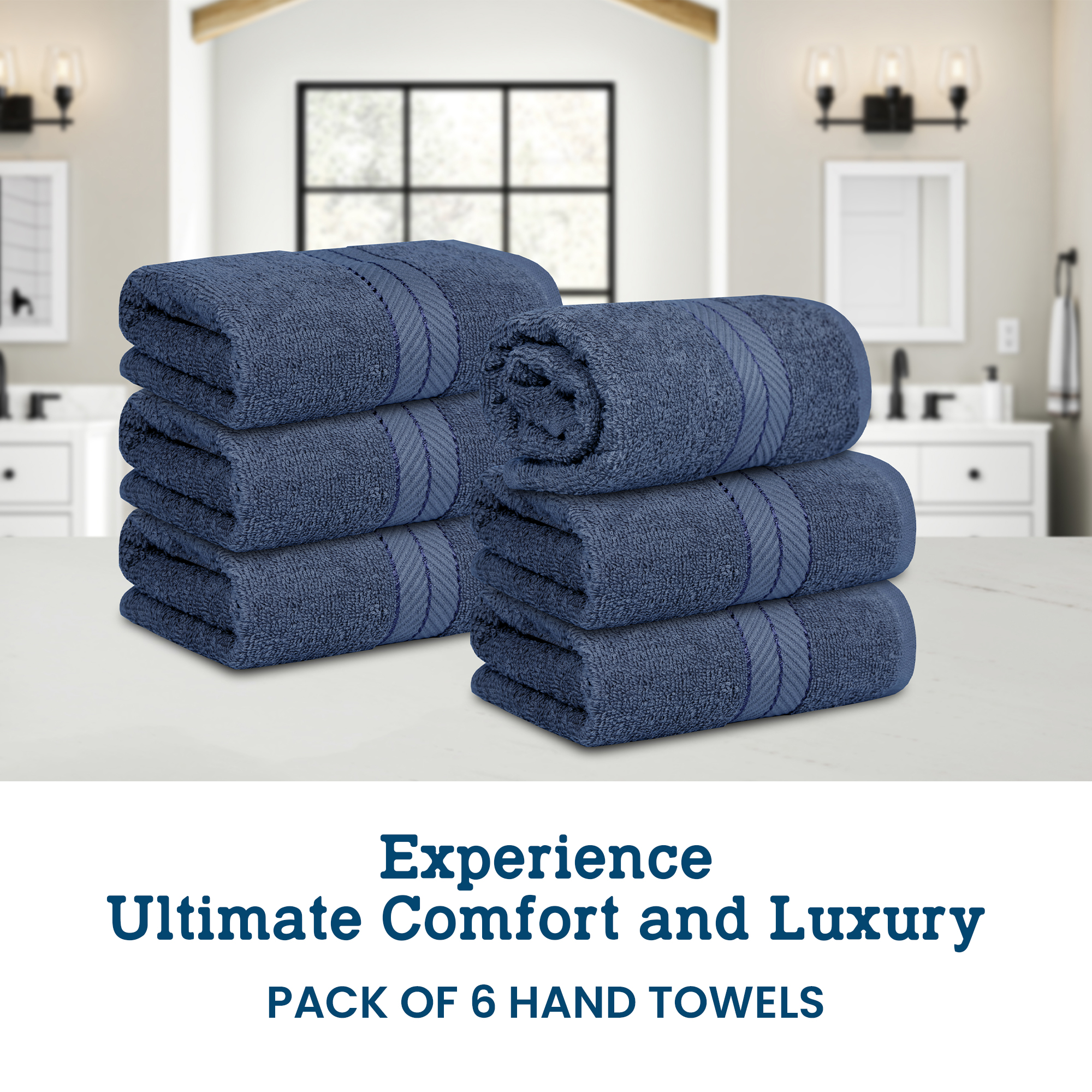 Casa Lino 6Pc Hand Towels for Gym & Spa (24" x 16") 100% Cotton, 400GSM, Ultra Soft & Absorbent (Cobalt)