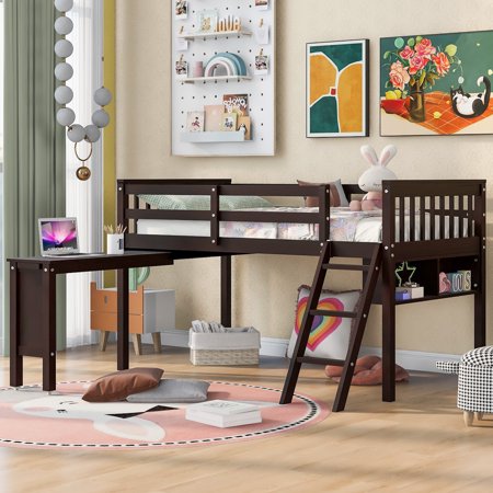 Hombay Child Kids Twin Size Loft Bed with Desk Storage Cabinet Ladder, Wood Slats Bed Frame No Box Spring Needed