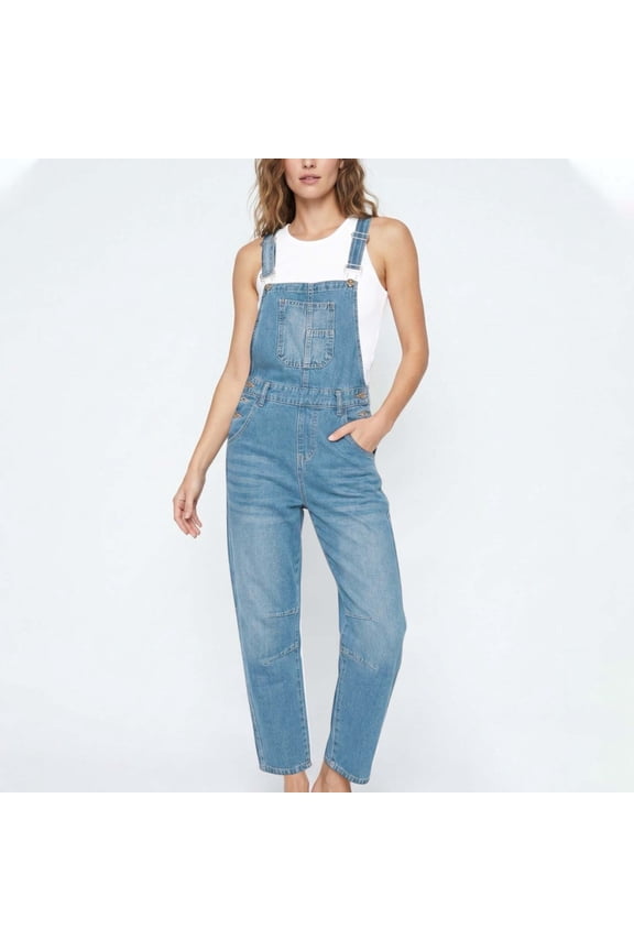 Women's Adjustable Strap Cropped Denim Overalls,Casual Loose Tapered Ankle Bib Jumpsuit with Pockets Blue,Women's Plus XXL
