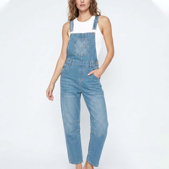 Binmer Women's Adjustable Strap Cropped Denim Overalls,Casual Loose Tapered Ankle Bib Jumpsuit with Pockets Blue,Women's Plus XL