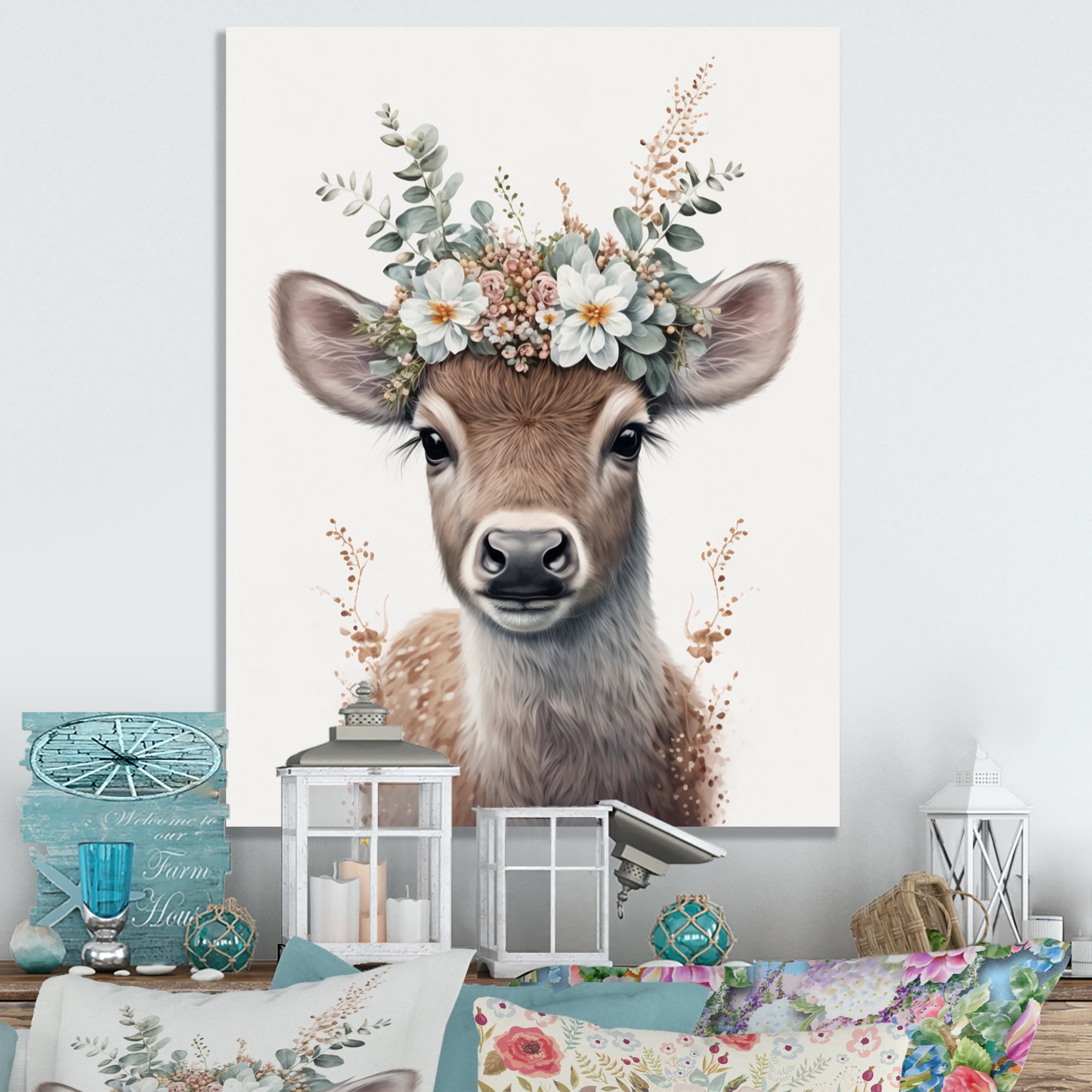 Designart Cute Baby Bull With Floral Crown Canvas Wall Art
