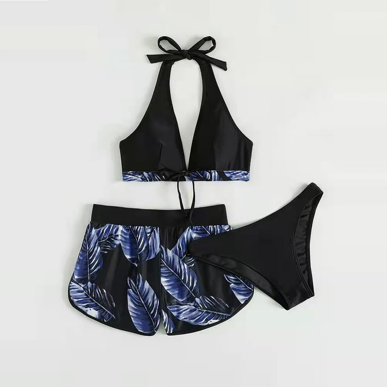 Women's Two Piece Halter Swimsuit Athletic Push Up Bikini Set Swimwear with  Boyshorts Sporty V Neck Bathing Suit 