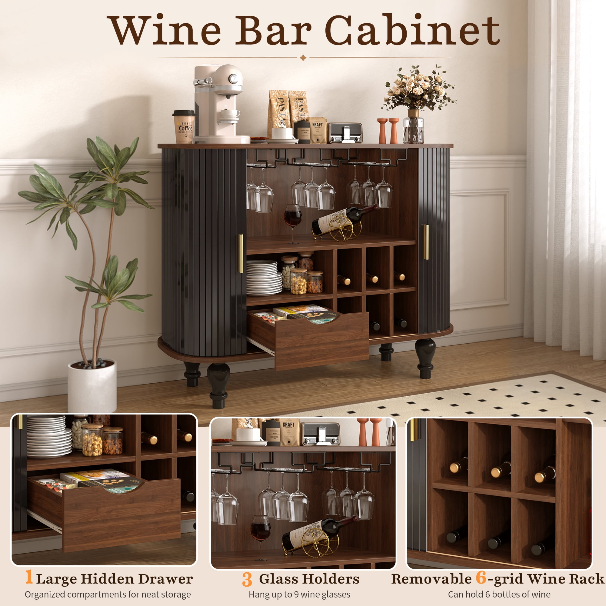 avobird 39" Fluted Liquor & Coffee Bar Cabinet with 6 Wine Racks and 3 Glass Holders, Mid-Century Modern Bar Cabinet with A Large Storage Drawer ,4 Hidden Storage Space on the Side , Black