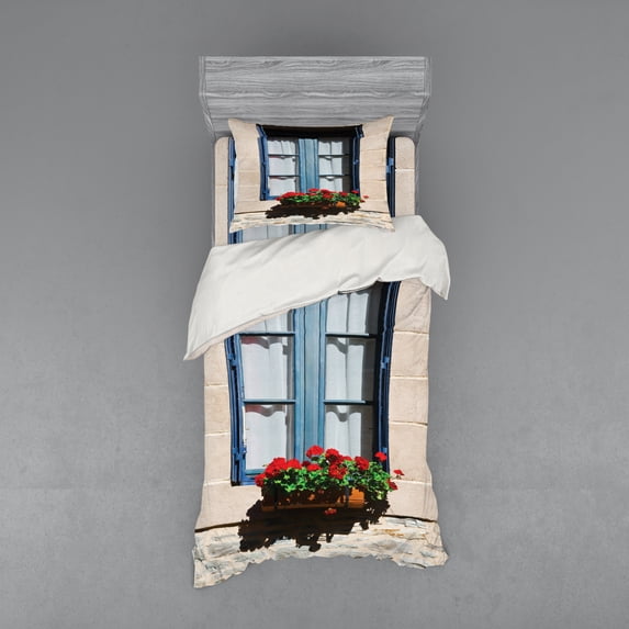 Ambesonne Urban Bedding Set 3 Pcs, Mediterranean Window, Twin XL, Blue Grey