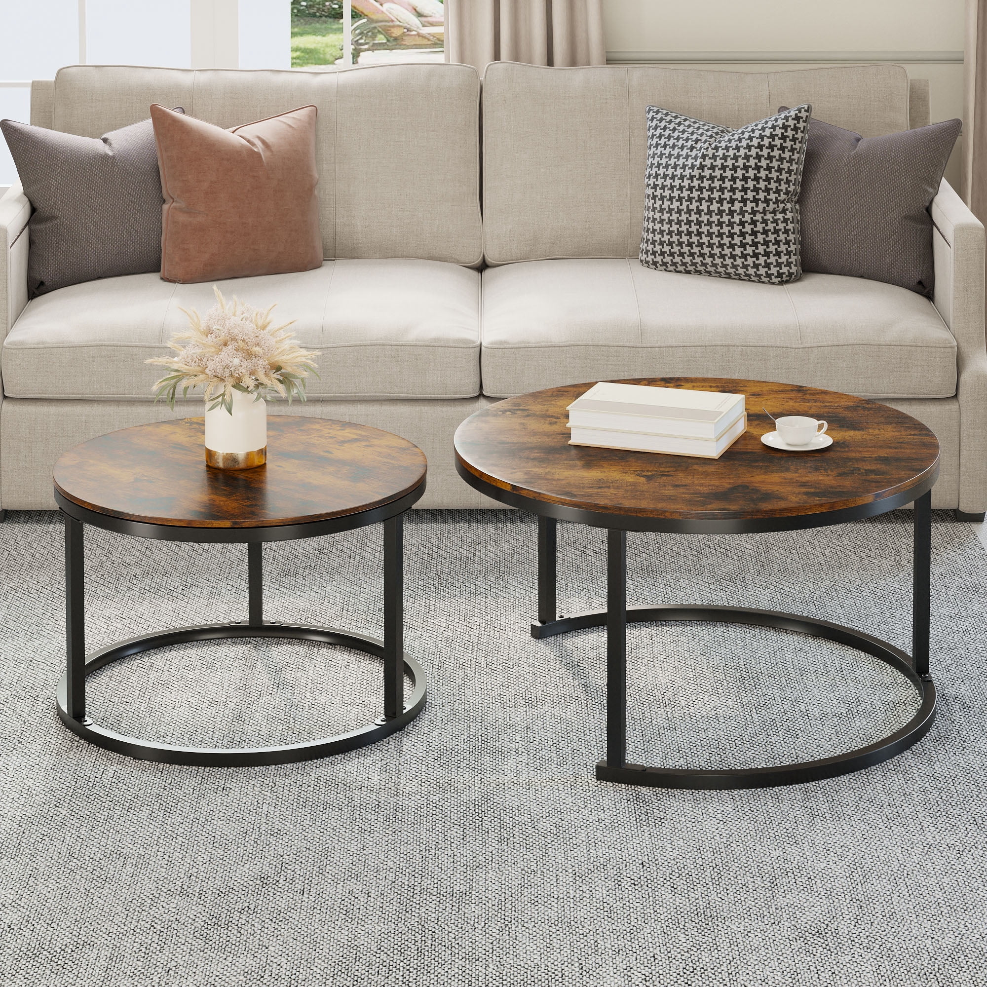 DWVO Round Nesting Coffee Table Set of 2, Snack End Table with Metal Frame for Living Room, Rustic Brown