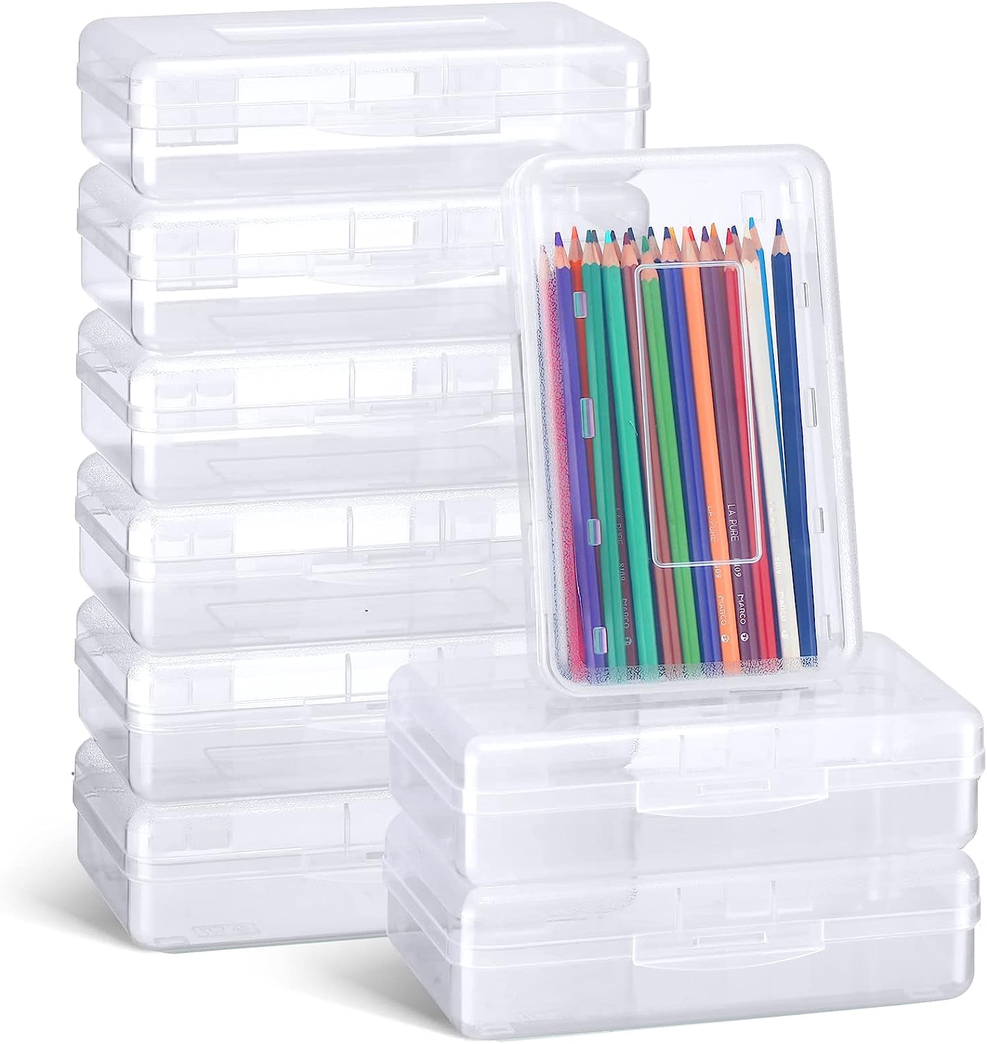 24 Pack Clear Plastic Pencil Boxes, Large Stackable Stationery Organizer, Bulk Crayon Storage Case for Classroom and Daily Use, Transparent