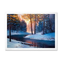Designart 'Morning Glow Through The Christmas Forest By The River' Lake House Framed Art Print