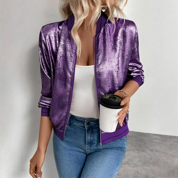 Ailaofu Women's Metallic Zipper Bomber Disco Party Jackets Outwear Long Sleeve Lightweight Jacket Coats