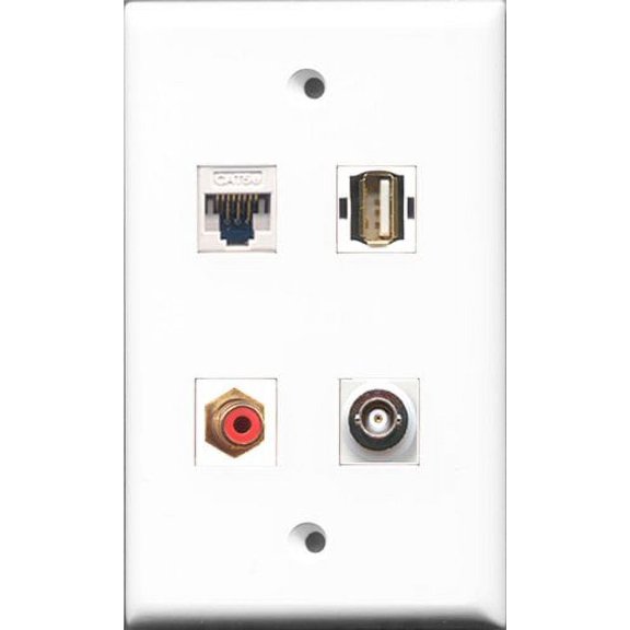 RiteAV 1 Port RCA Red and 1 Port USB A-A and 1 Port BNC and 1 Port Cat5e Ethernet White Wall Plate
