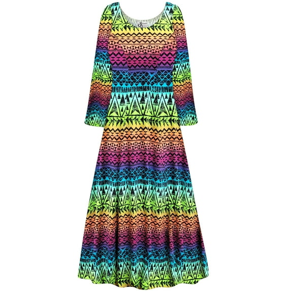 Plus size 0x Womens Dress Colorful Abstract Ethnic Print Long Sleeve Princess Cut