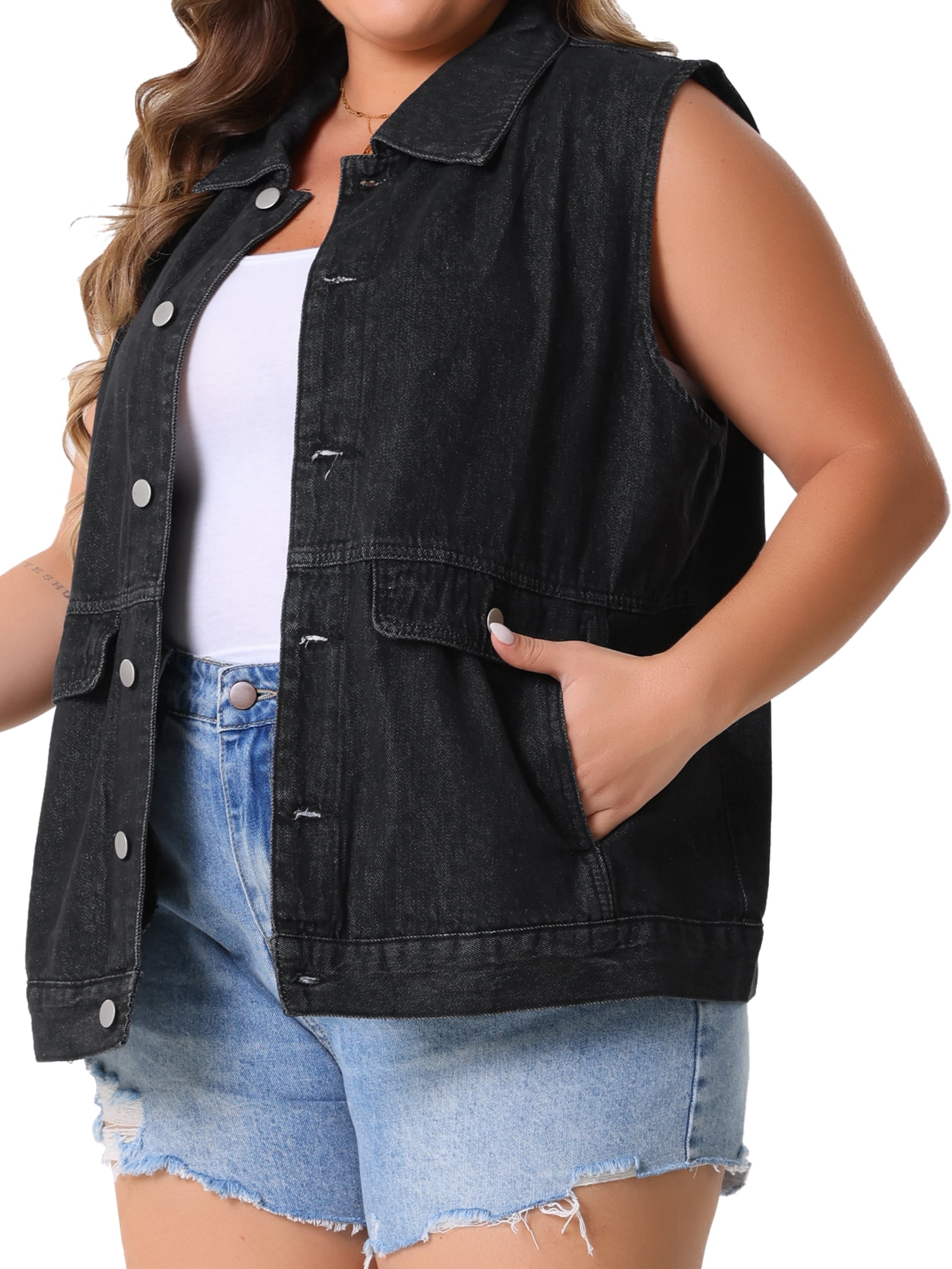 DARING DIVA Women's Plus Size Button Down Sleeveless Denim Vest 1X Black
