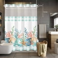 thumbnail image 5 of No Hook Shower Curtains with Snap-in Liner Set, Nautical Coastal Waterproof Hotel Style Bathroom Shower Curtain, Summer Sea Corals Shells Starfish Green Plaid Mesh Top Bath Curtains 72''x84'', 5 of 9
