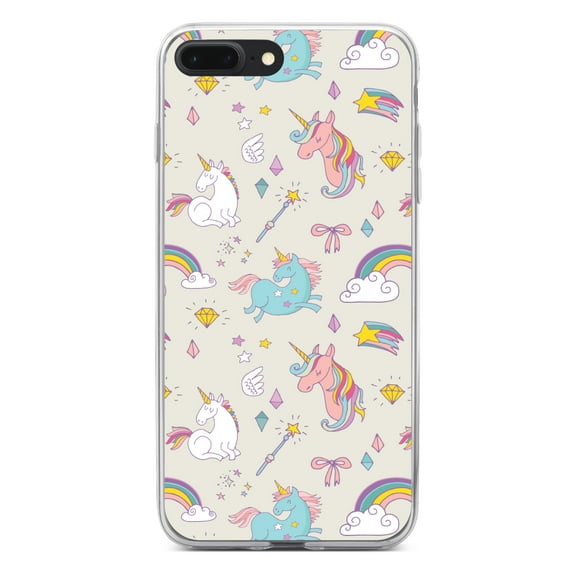 DistinctInk Clear Shockproof Hybrid Case for iPhone 7 PLUS / 8 PLUS (5.5" Screen) - TPU Bumper, Acrylic Back, Tempered Glass Screen Protector - Unicorn Rainbow Wand Pattern - Beige