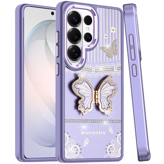 XPM for Samsung Galaxy S26 Ultra Phone Case, Glitter 3D Butterfly Design Bling Metallic Edge Hybrid Stand Drop Protection TPU Shockproof Cover for Galaxy S26 Ultra (Dark Purple)