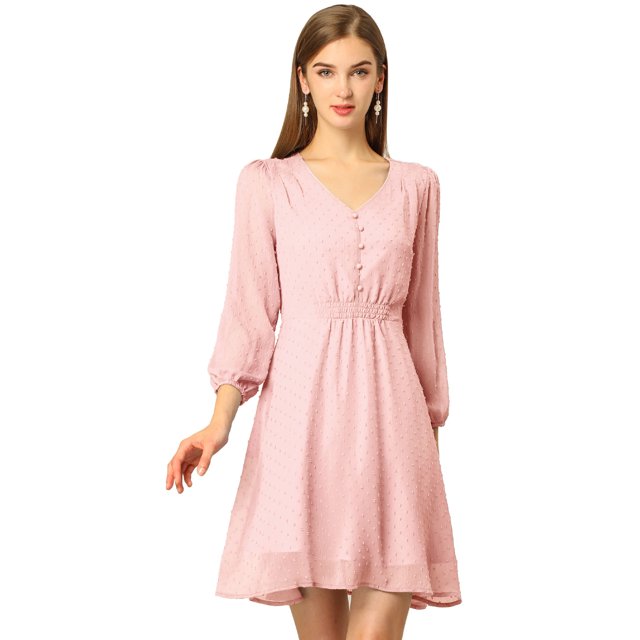 INSPIRE CHIC Women's Solid Cute V Neck Half Sleeve Flowy A-Line Chiffon Dress