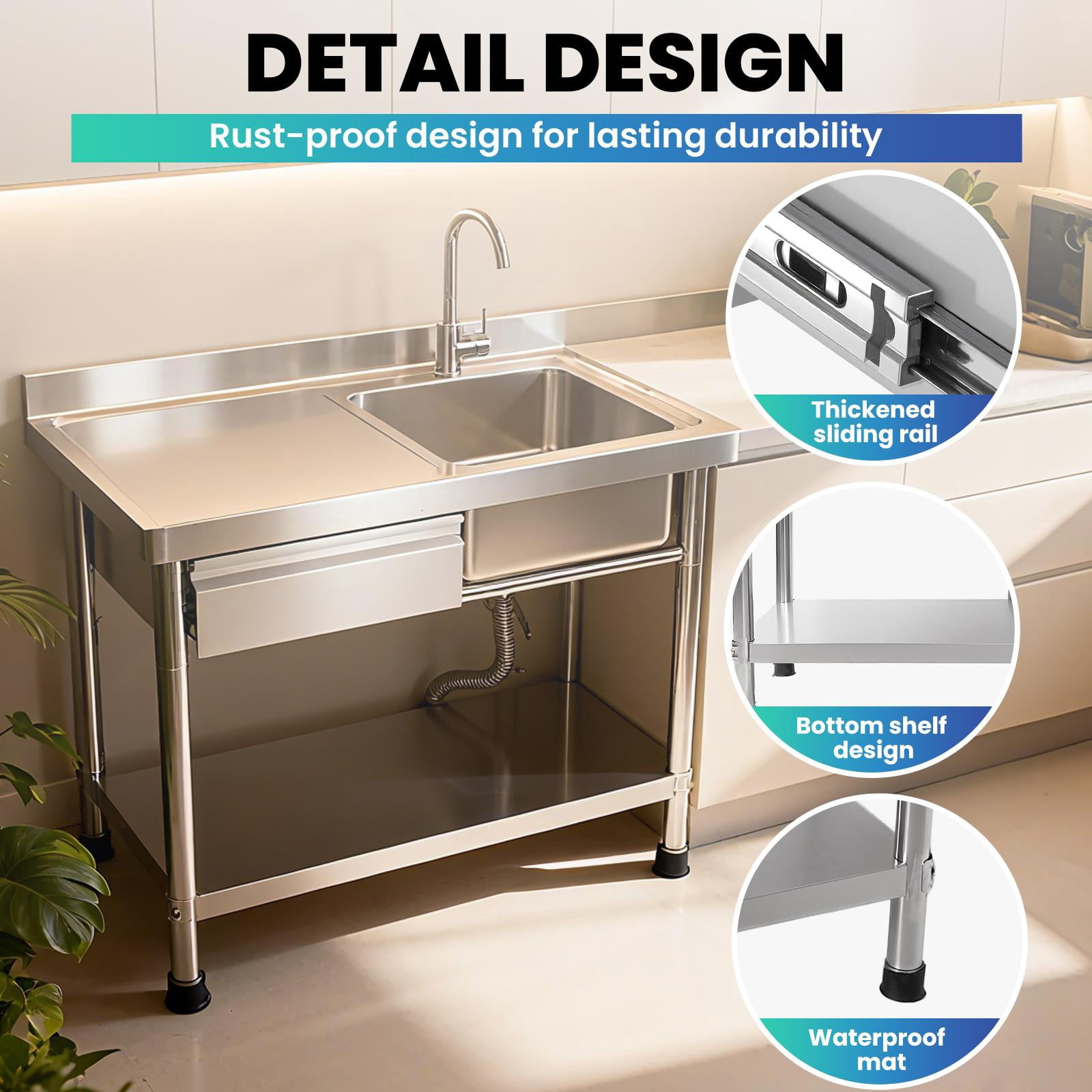 1-Drawer Kitchen Sink, Stainless Steel Commercial Sink With Workbench And Bottom Shelf,Free Standing Utility Sink With Hot And Cold Water Connection,For Garage Or Laundry Room