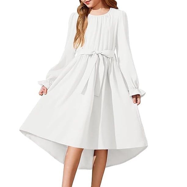 Vestido Largo de Manga Larga de Moda Y Cómodo Color Sólido con Cinturón para las Niñas, Falda Plisada para el Vestido de Cumpleaños para las Niñas