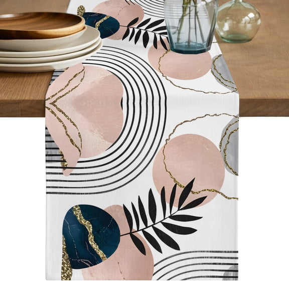 Table Runner 72 Inch Long - Boho Leaf Arch Sun Decorative Table Scarf, Abstract Geometric Stripe Dining Table Runners for Wedding Party Kitchen Dining Tables