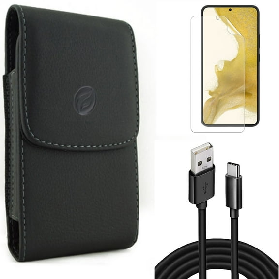 Case Belt Clip & Matte Screen Protector & 10ft USB Cable for Samsung Galaxy S22 (6.1") - Leather Holster & TPU Film Anti-Glare & Type-C Charger Cord Accessory Bundle