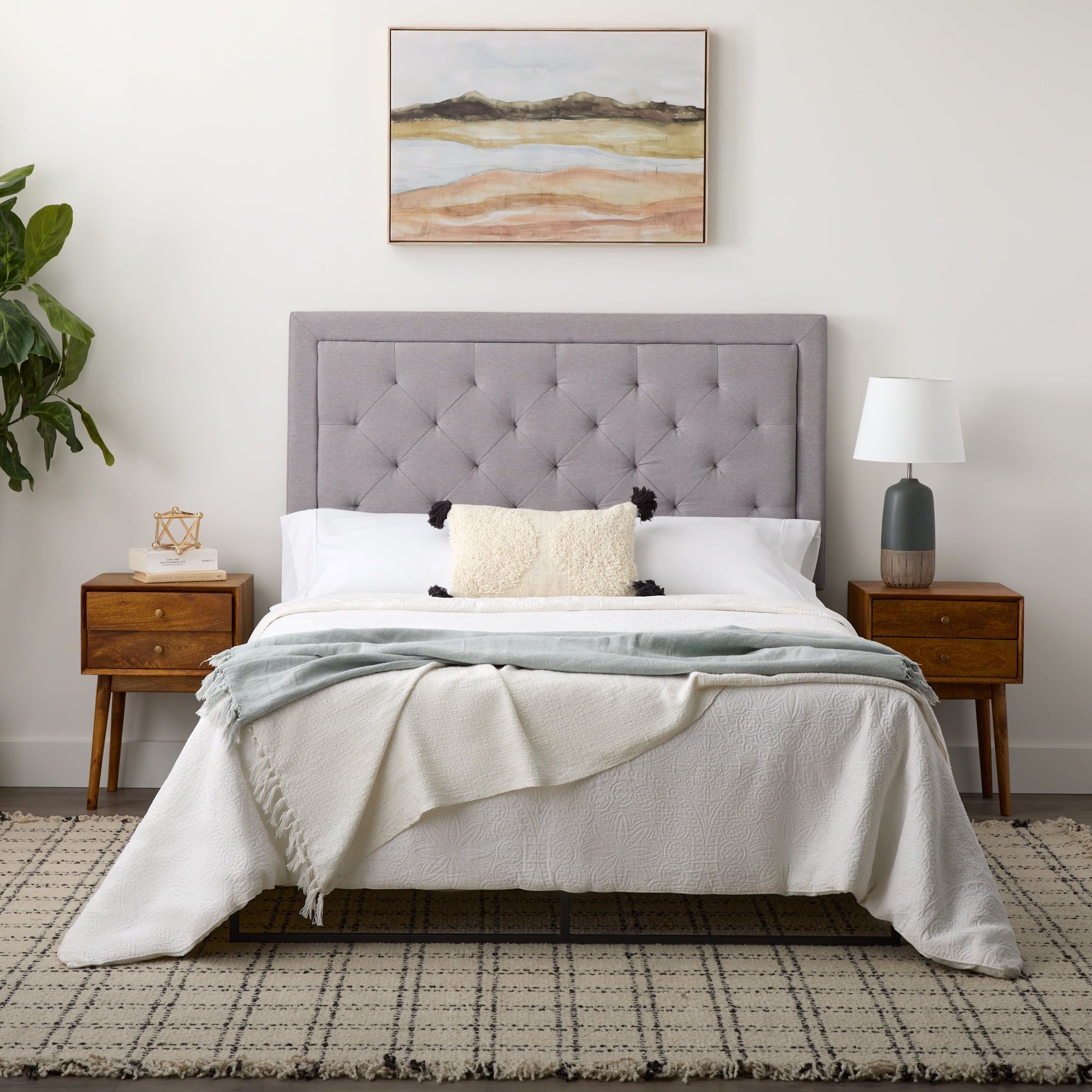 Rest Haven Medford Rectangle Upholstered Headboard with Diamond Tufting, Queen, Gray