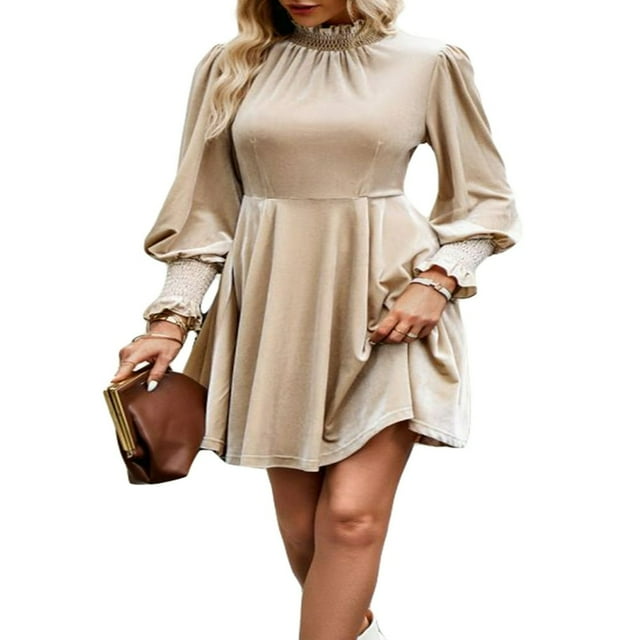 Femmes Velours Mini Robe Formelle Couleur Unie Robe de Soirée à Manches Longues