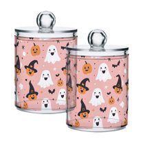 Yayeee 2 Pack Qtip Holder Bathroom Cotton Swab Canister with Lid Clear Dispenser Set, Pastel Pink Halloween