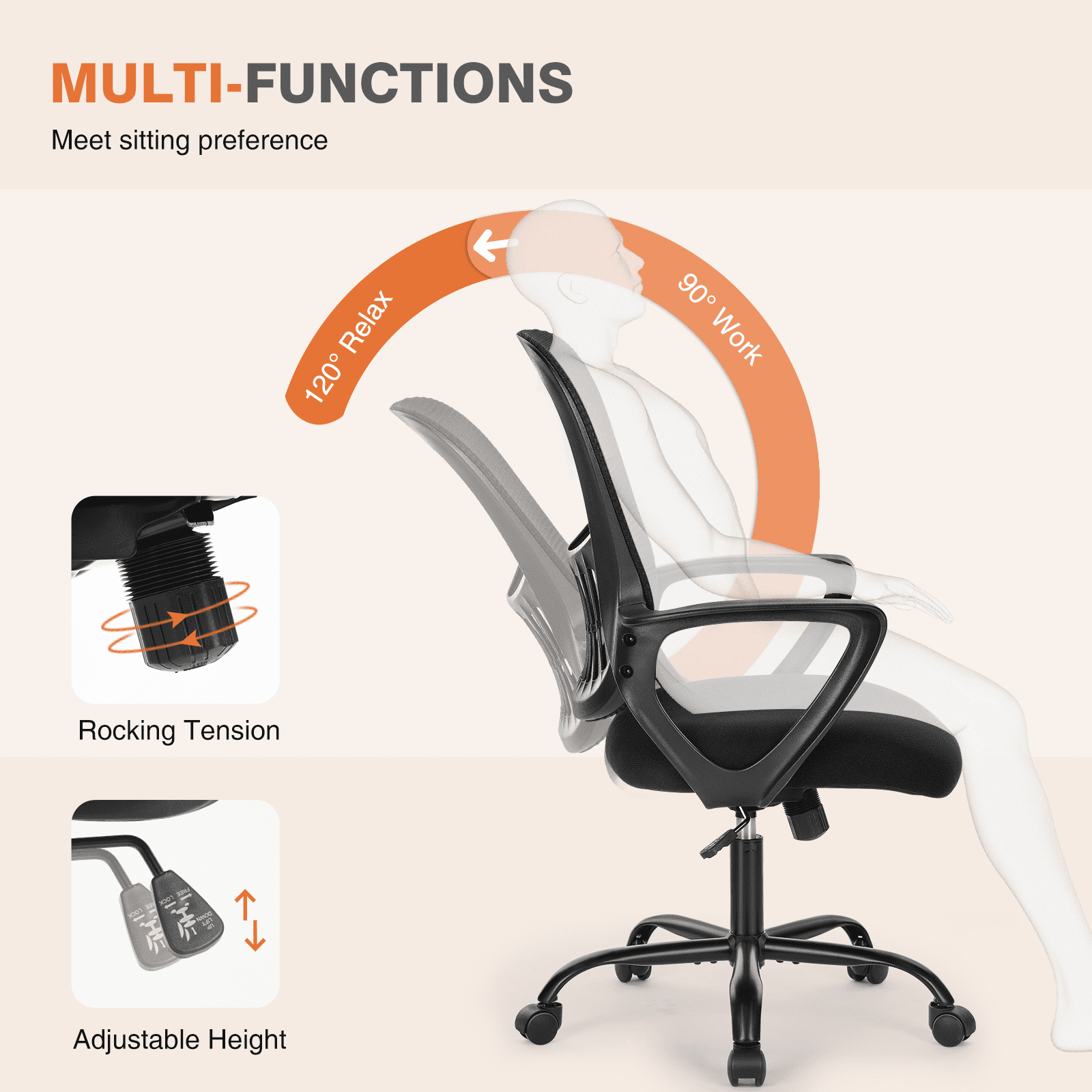 MAYEERTY Ergonomic Office Chair for Standing Desk with Adjustable Height, Computer Desk Chairs, Fixed Handrail , Black