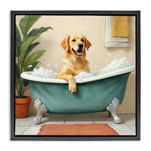 Stupell Industries Cottage Bubble Bath Labrador Dog Black Floating Frame Canvas Art, 18 x 18, by Kim Allen