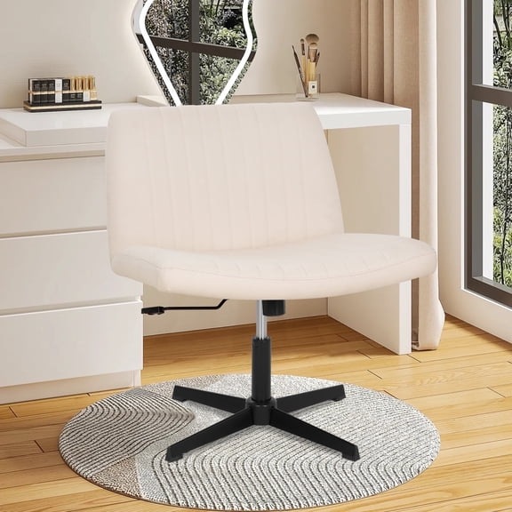 Vanity Chair Criss Cross Legged Chair Armless Office Desk Chairs Height Adjustable Computer Chair No Wheels Wide Seat Ergonomic for Bedroom Living Room, Beige