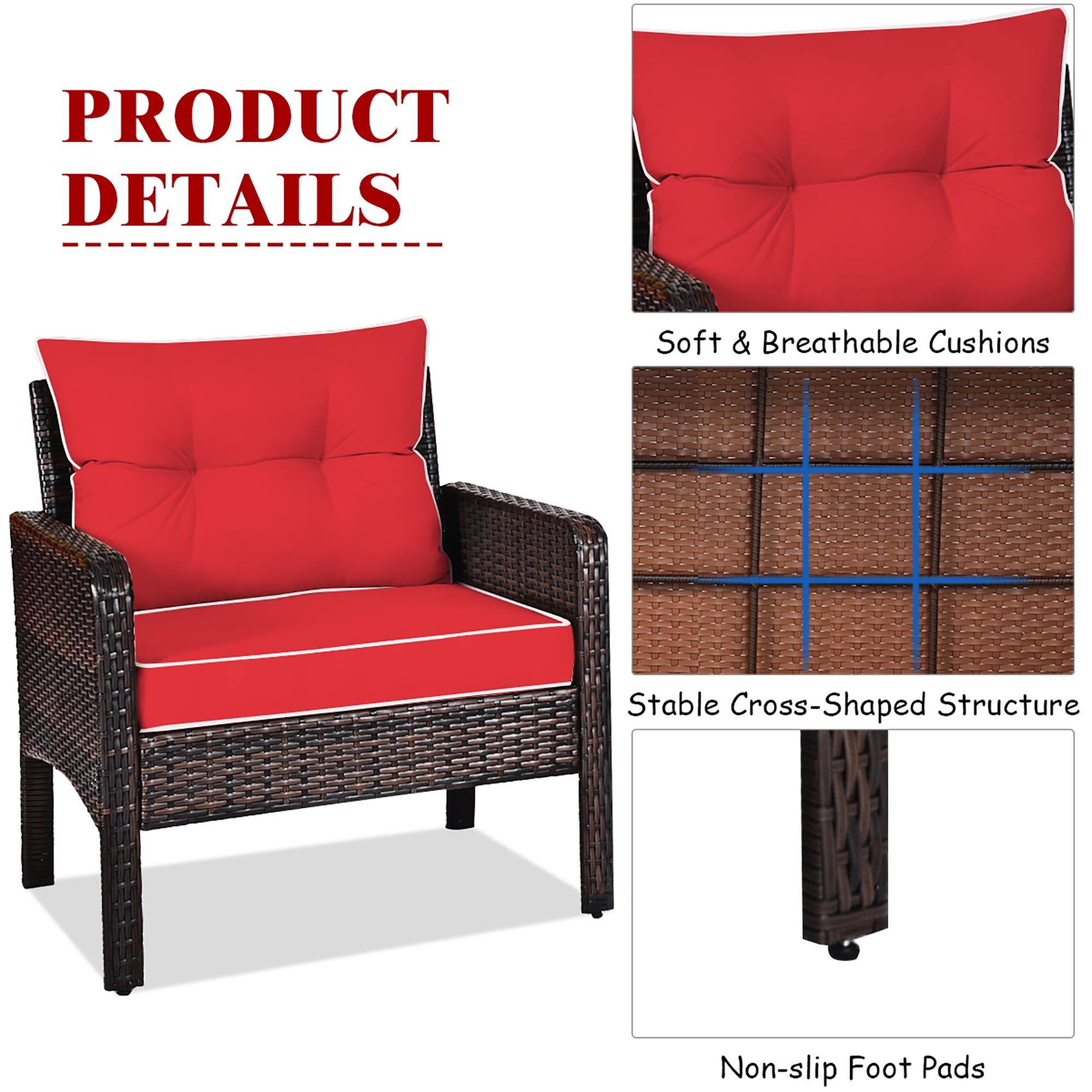 Costway 3PCS Outdoor Rattan Conversation Set Patio Furniture Cushioned Sofa Chair Red