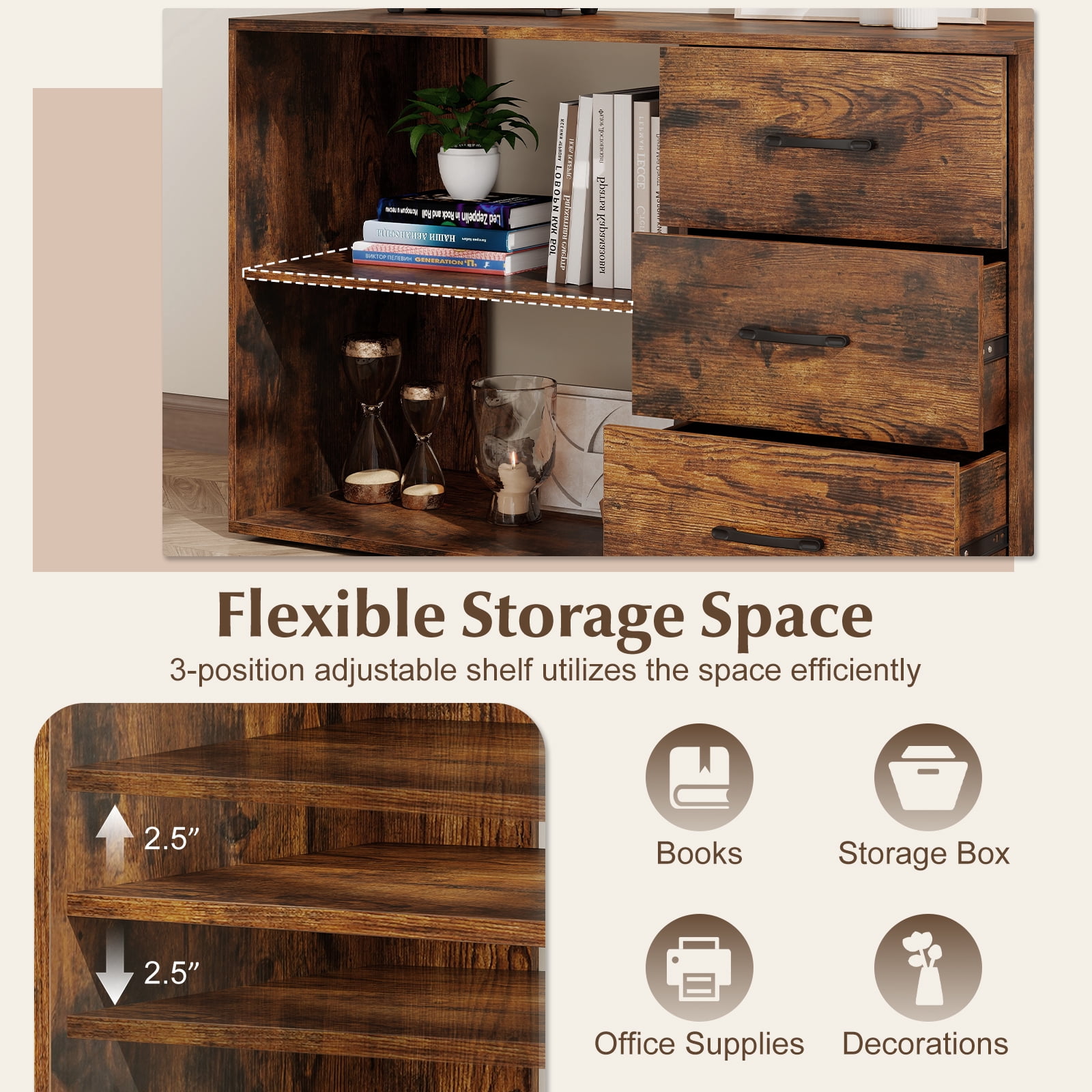 Costway L-Shaped Desk with Power Outlet 55" Reversible Computer Desk with 3 Drawers Rustic Brown & Black