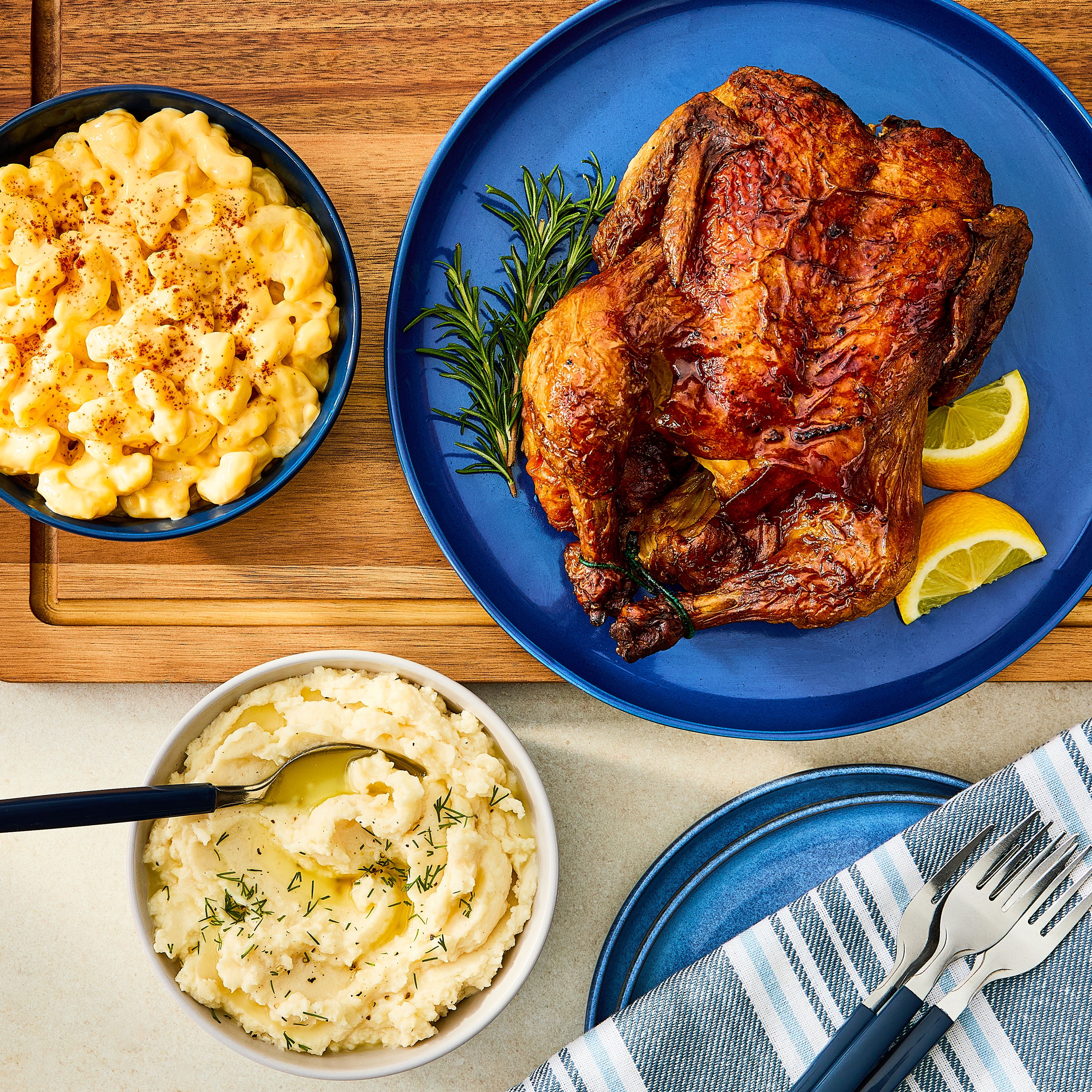 Freshness Guaranteed Hot and Ready-to-Eat Traditional Rotisserie Chicken Meal Bundle with Large Macaroni and Cheese and Large Mashed Potatoes