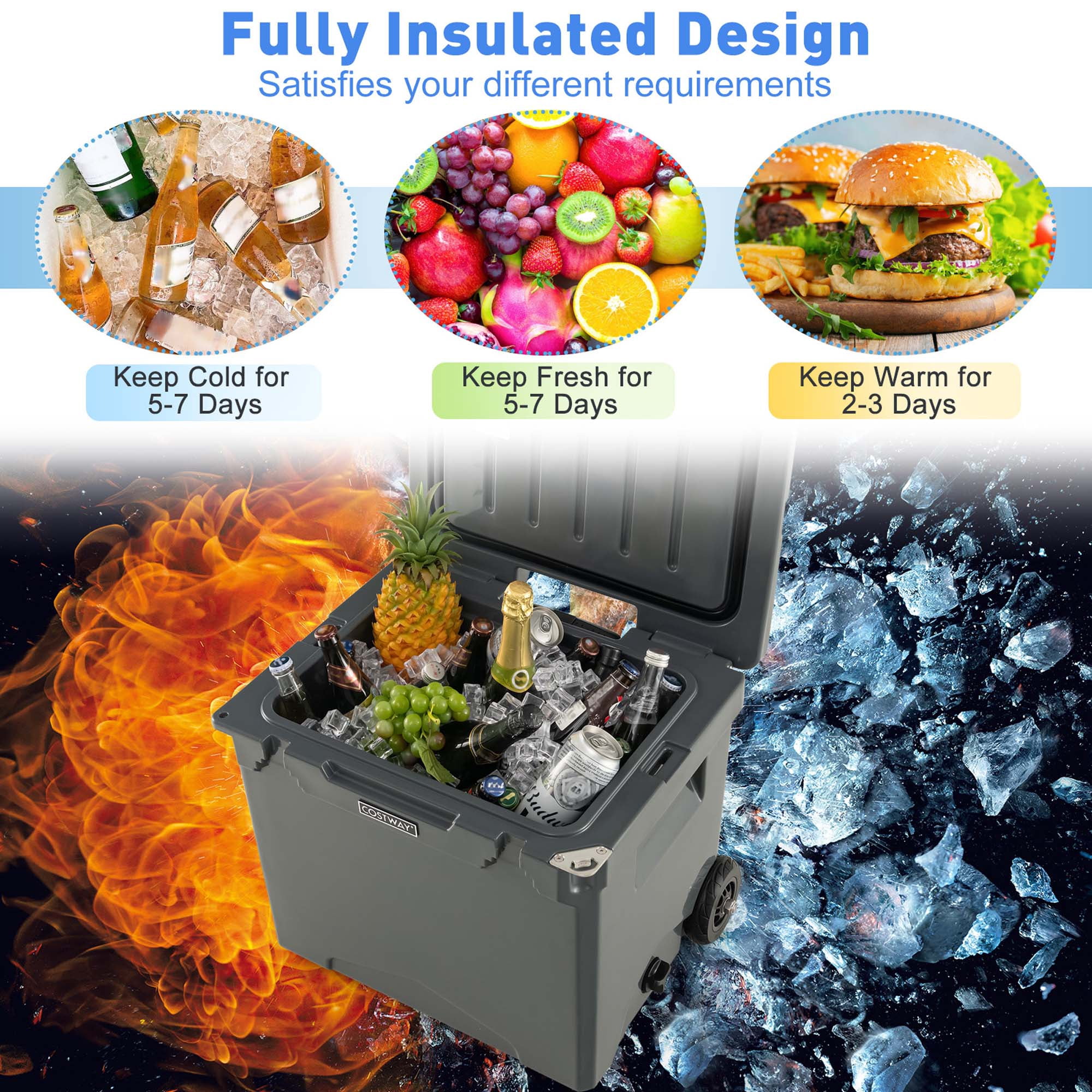 Costway 42 Qt Portable Cooler Roto Molded Ice Chest Insulated 5-7 Days with wheels Handle Charcoal