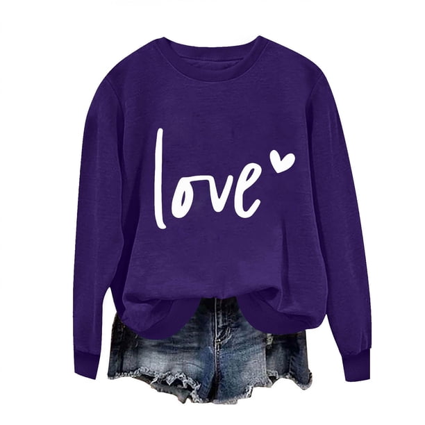 Penkiiy Día de San Valentín Sudadera para Mujeres Lindo Amor Camisetas Corazón Casual de manga larga Camiseta de San Valentín Ropa Tops L Morado