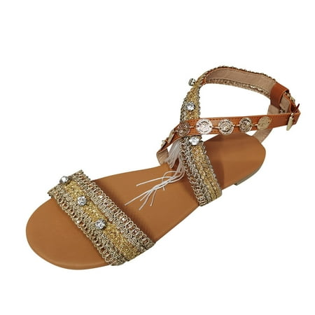 

YanHoo Flip-flops for Women Open Toe Flats Rhinestones Roman Sandals Summer Cross Buckle Beach Sandals