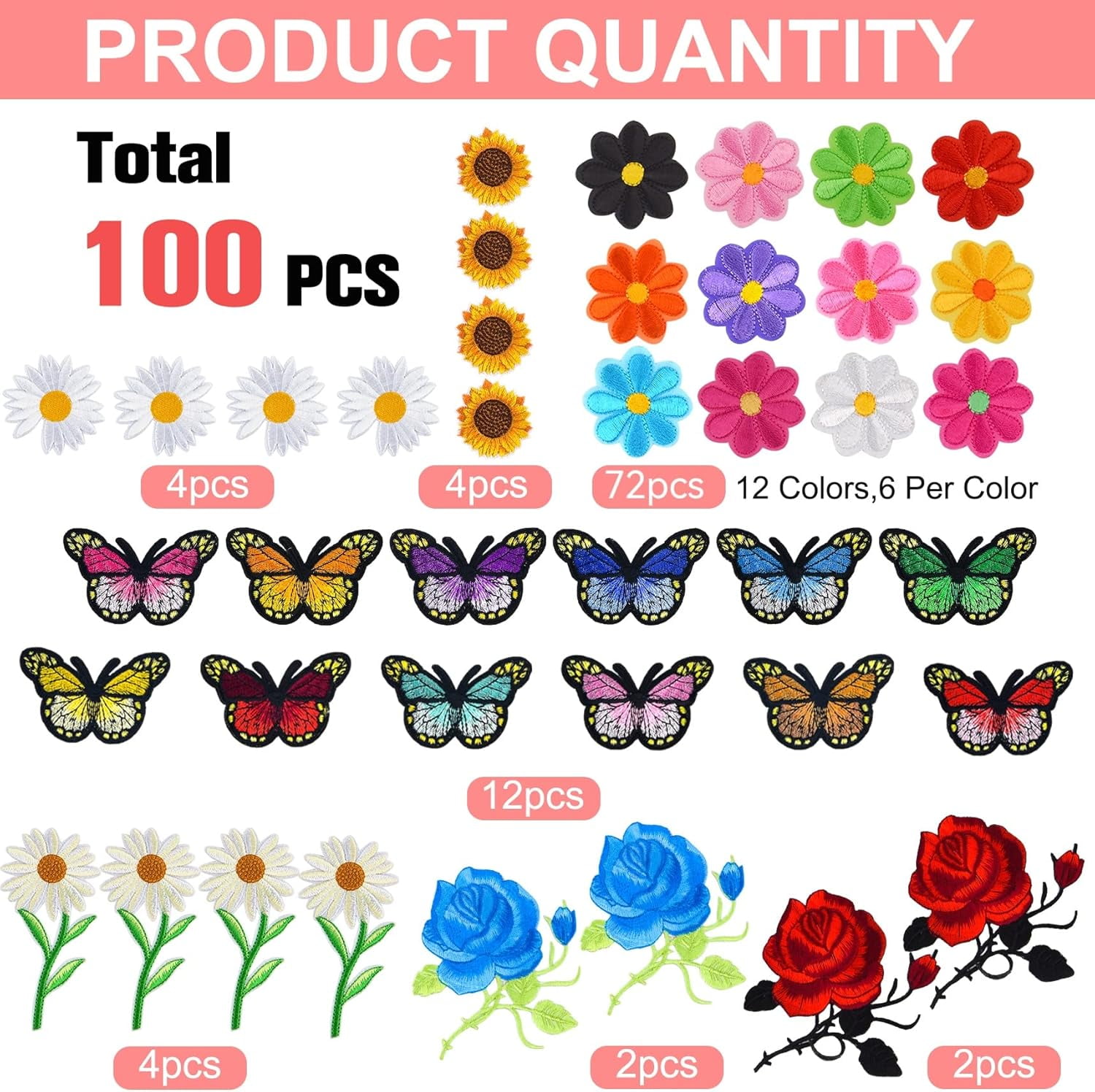 100 Pieces Flower Butterfly Iron/Sew on Patches Sunflower Cute Embroidered Applique Rose Patches for Clothing Large Colorful Decorative Daisy Repair Clothes Dress Hat Jeans DIY
