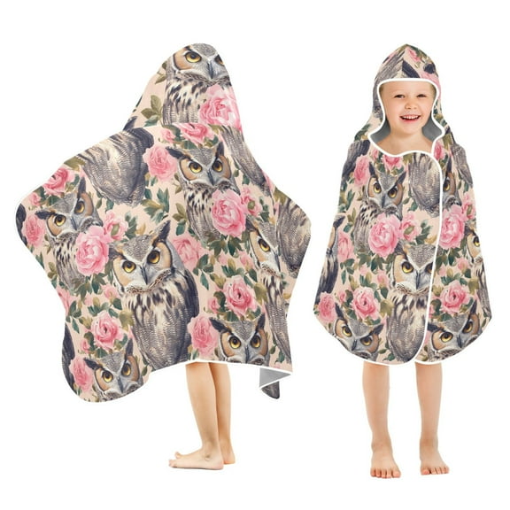 Toddler Hooded Beach Towel 24x50 Kids Bath Towels Soft Quick Dry for Swim Pool Boys Girls Beautiful Owls and Pink Roses