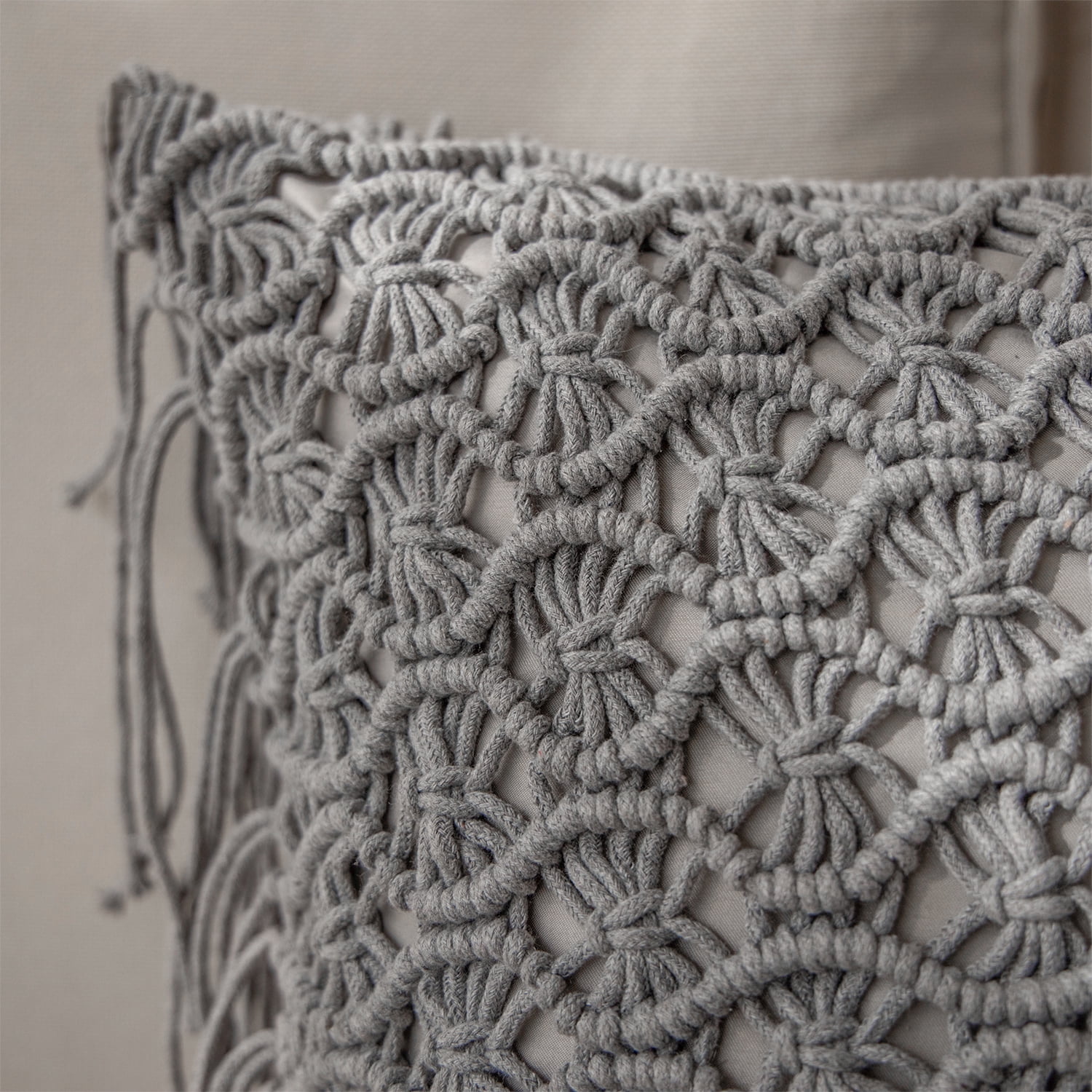 Phantoscope 100% Cotton Handmade Crochet Woven Boho with Tassels Series Half Covered Throw Pillow, 18" x 18", White, 1 Pack